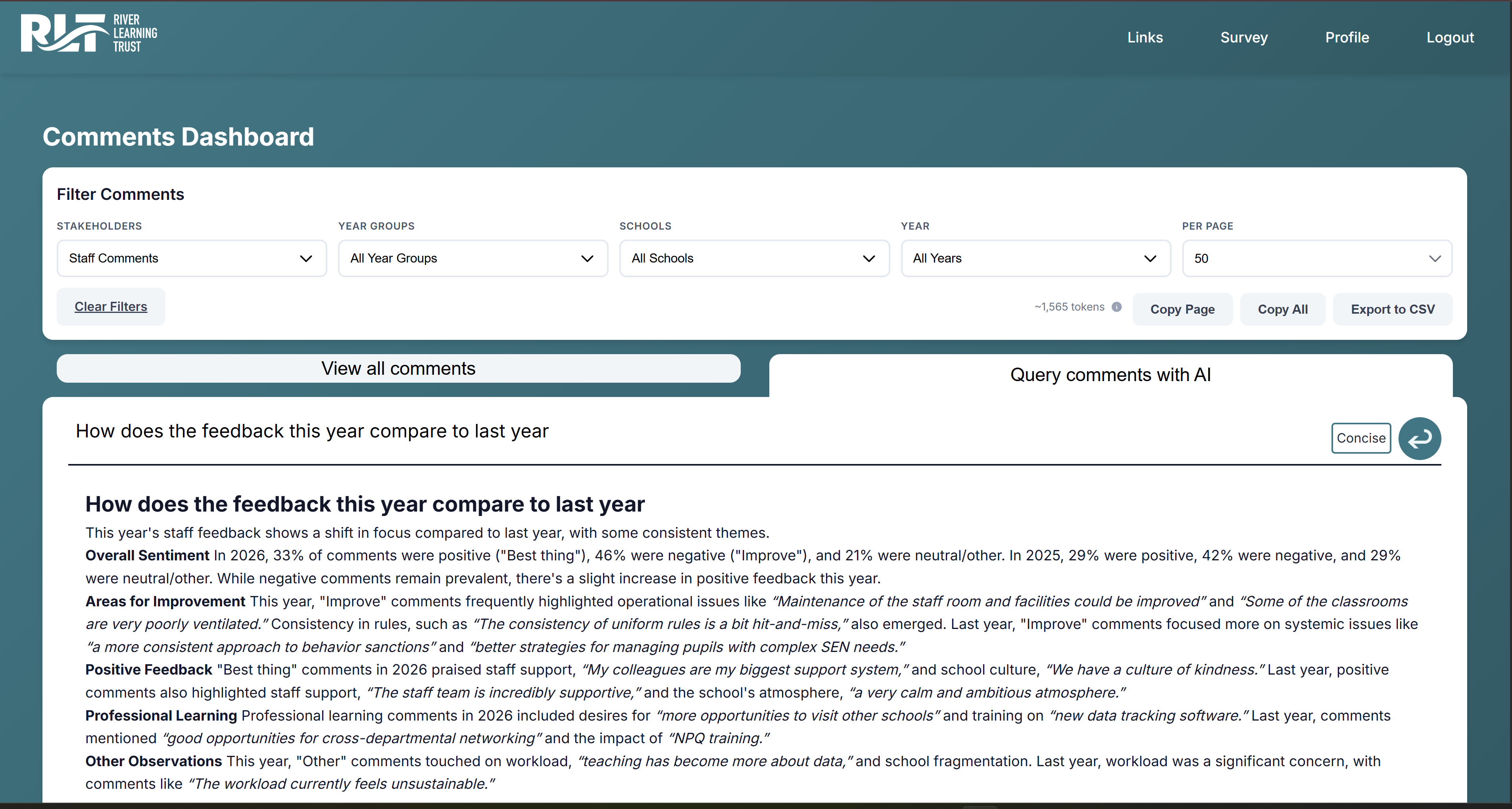 AI-generated analysis of open comments compared year on year
