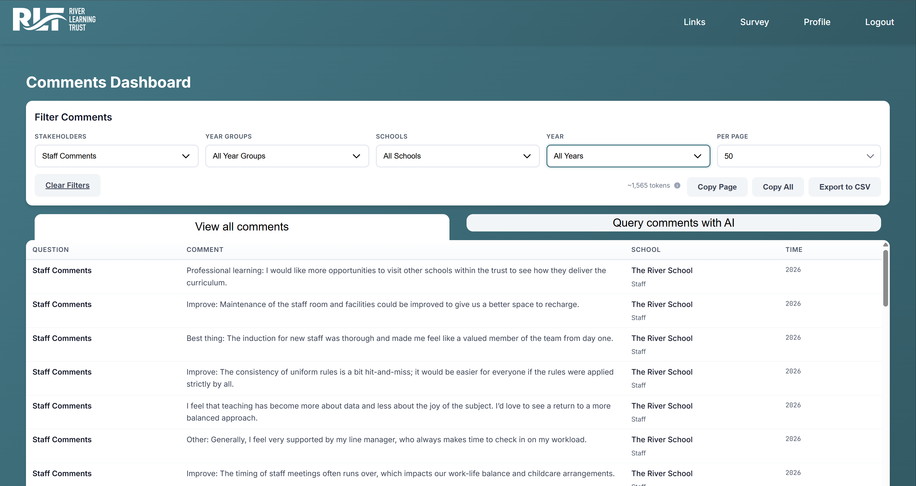 Comments dashboard with stakeholder, year group and school filters